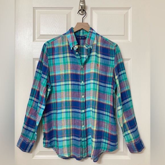 Ralph Lauren Blue Madras Plaid Linen Button Down Shirt LRG Resort Summer Preppy - Picture 3 of 9